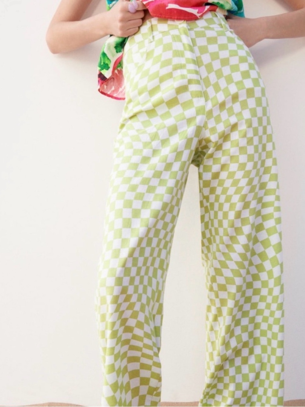 Zara Linen Green and White Checkerboard Wide-Leg Pants